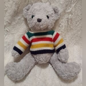 Hudson Bay Company Plush Teddy Bear Light Grey Gray Classic Striped Sweater RARE